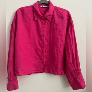 ZARA Hot Pink Linen Button-Up Shirt Women’s XL Oversized Long Sleeve Blouse